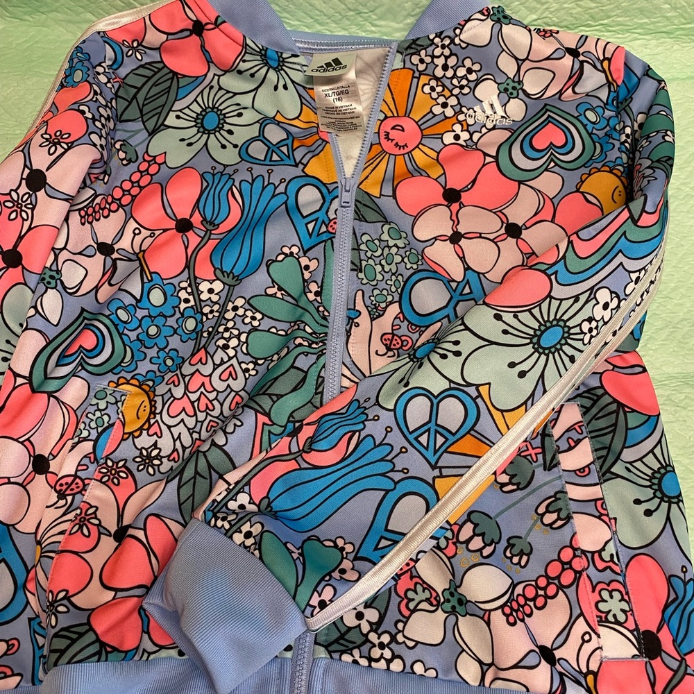 adidas Kids Floral Retro Print Jacket in Pink, Blue, Green